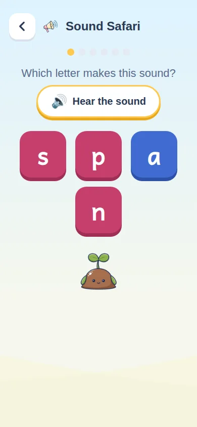 Sound Safari in the app: hear the sound, tap the letter