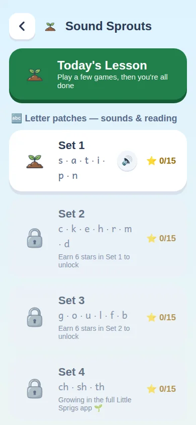 Sound Sprouts in the app, with the Today's Lesson button at the top